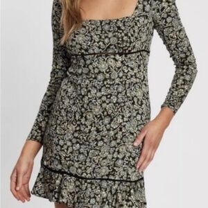 Free People | Black Floral Long-Sleeve Square Neck Mini Dress